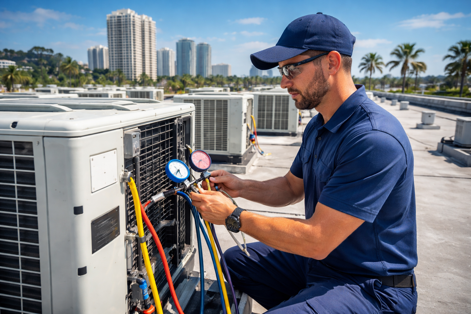 Technician checking refrigerant pressures on rooftop HVAC equipment