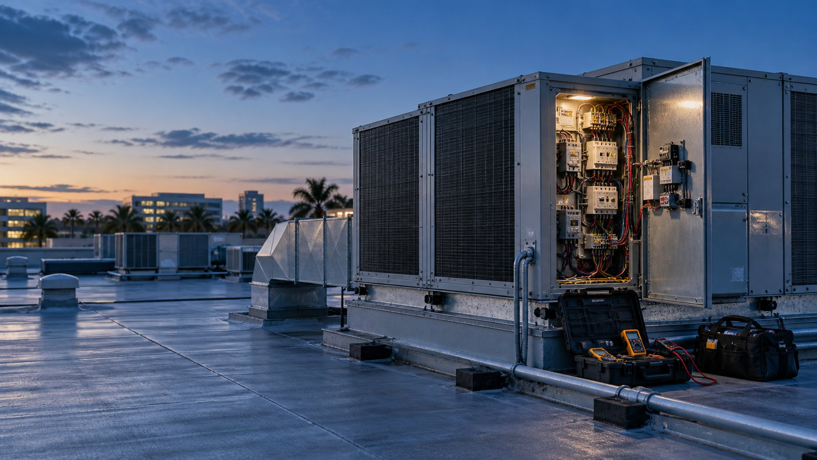 Commercial rooftop HVAC unit with open service panel and diagnostic tools